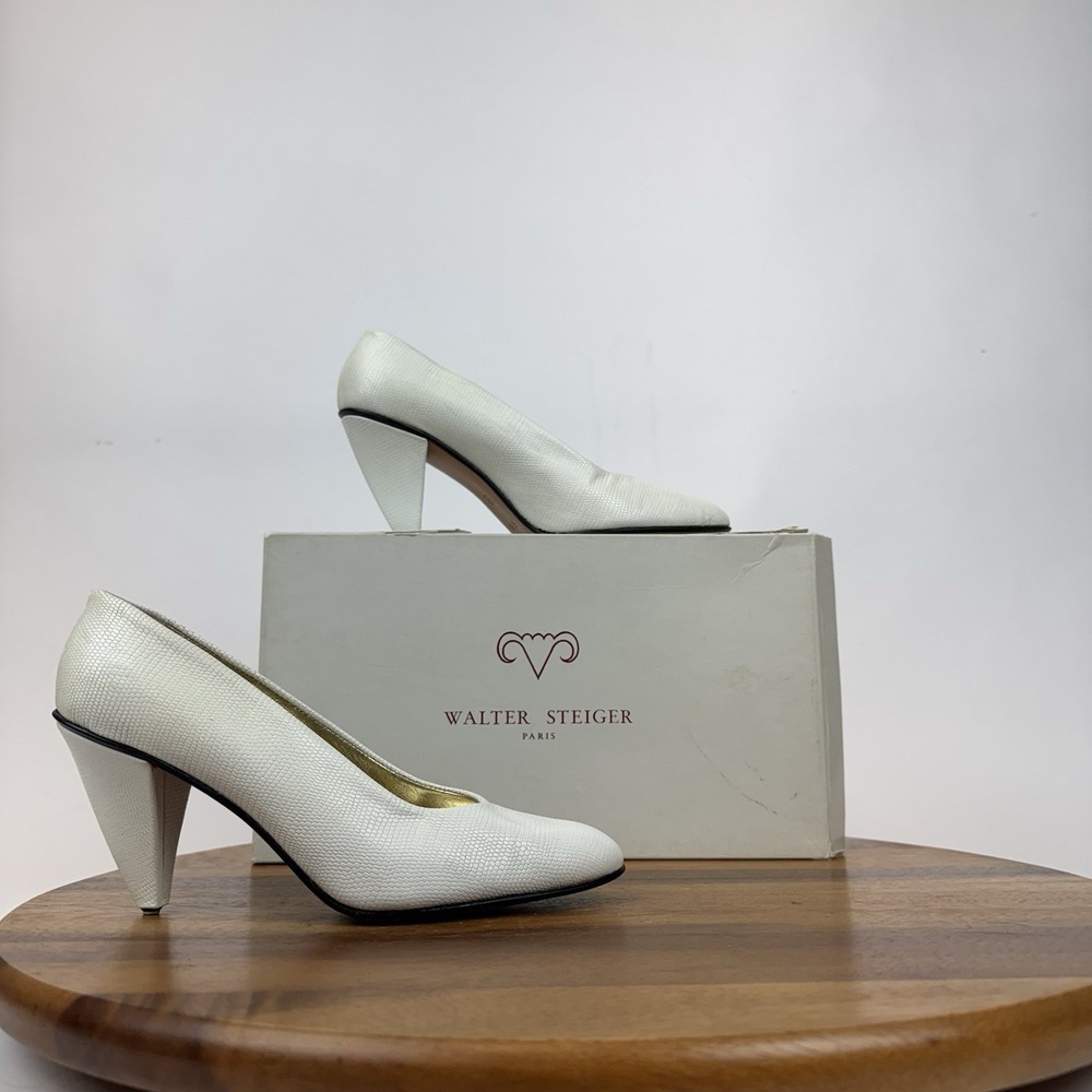 Womens Walter Steiger Italy Vintage Karung White Leather Pumps Heels Size 6 B